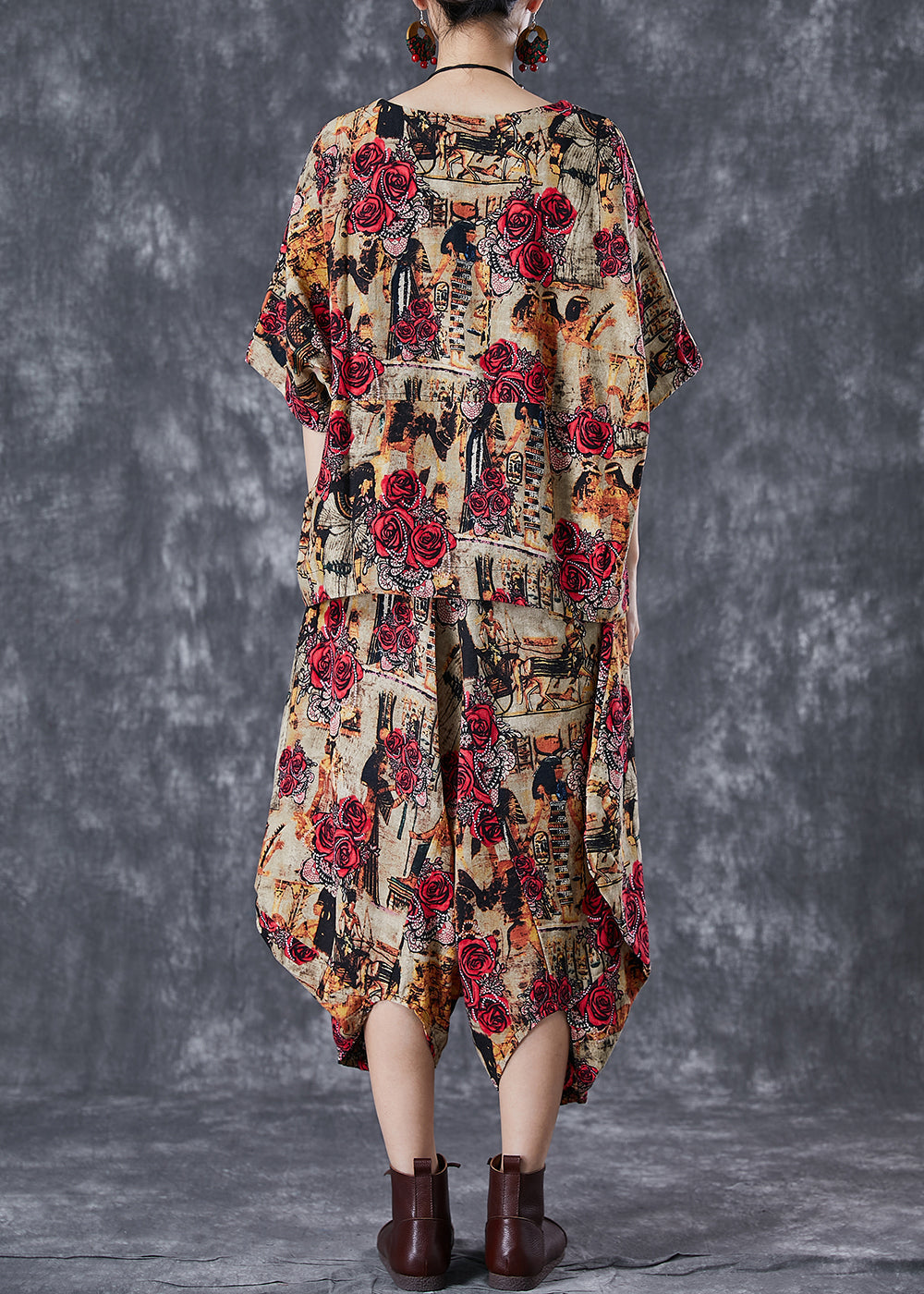 Coffee Floral Cotton Two Piece Suit Set Asymmetrical Oversized Summer TD1061