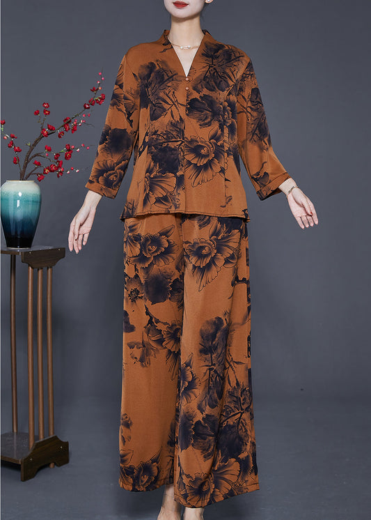 Coffee Inkwash Painting Silk Two Pieces Set V Neck Summer Ada Fashion