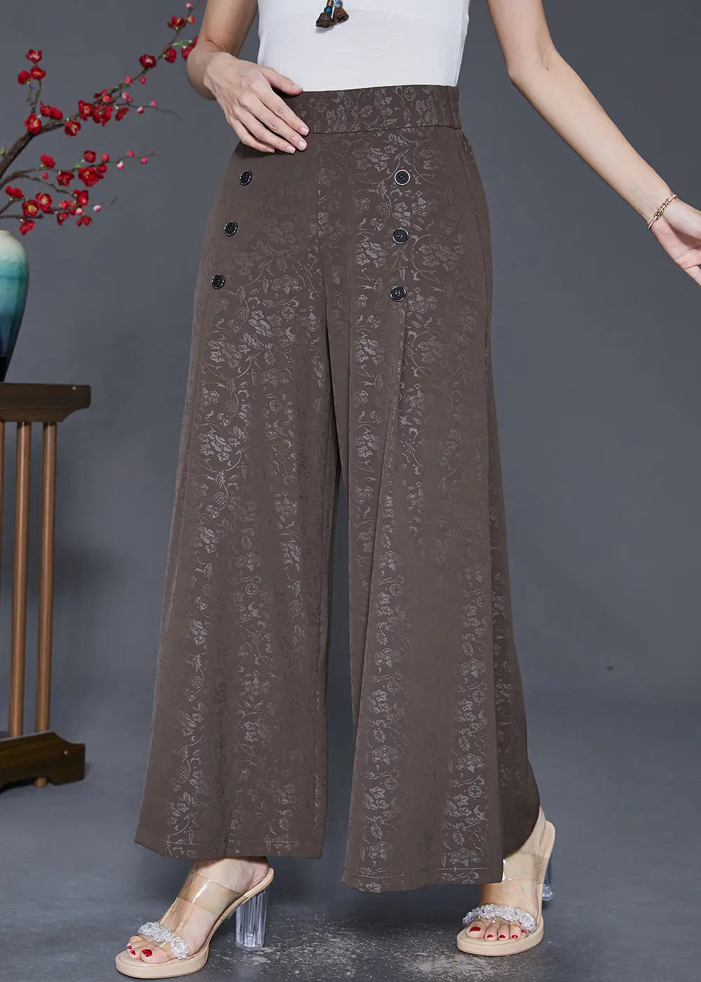 Coffee Jacquard Silk Pants Skirt High Waist Double Breast Fall Ada Fashion