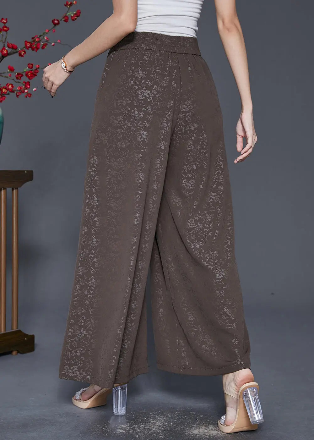 Coffee Jacquard Silk Pants Skirt High Waist Double Breast Fall Ada Fashion