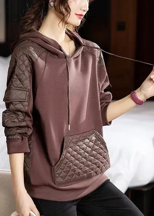 Coffee Lace Up Patchwork Thick Sweatshirt Hooded Long Sleeve Ada Fashion