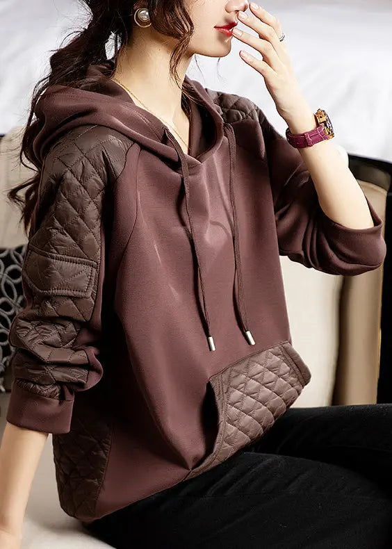 Coffee Lace Up Patchwork Thick Sweatshirt Hooded Long Sleeve Ada Fashion