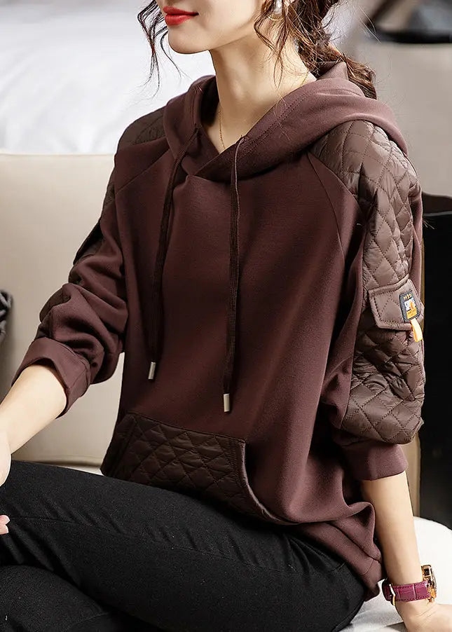 Coffee Lace Up Patchwork Thick Sweatshirt Hooded Long Sleeve Ada Fashion