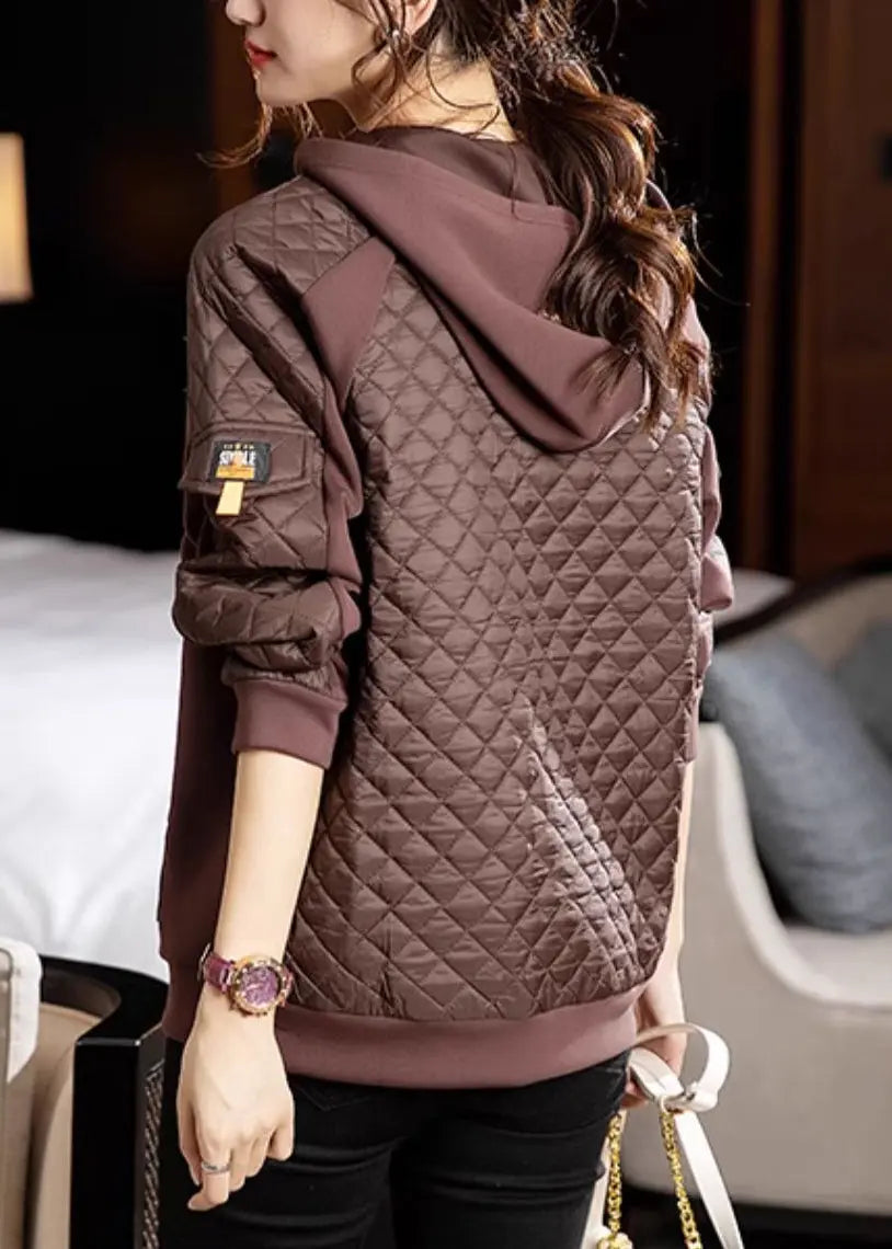 Coffee Lace Up Patchwork Thick Sweatshirt Hooded Long Sleeve Ada Fashion