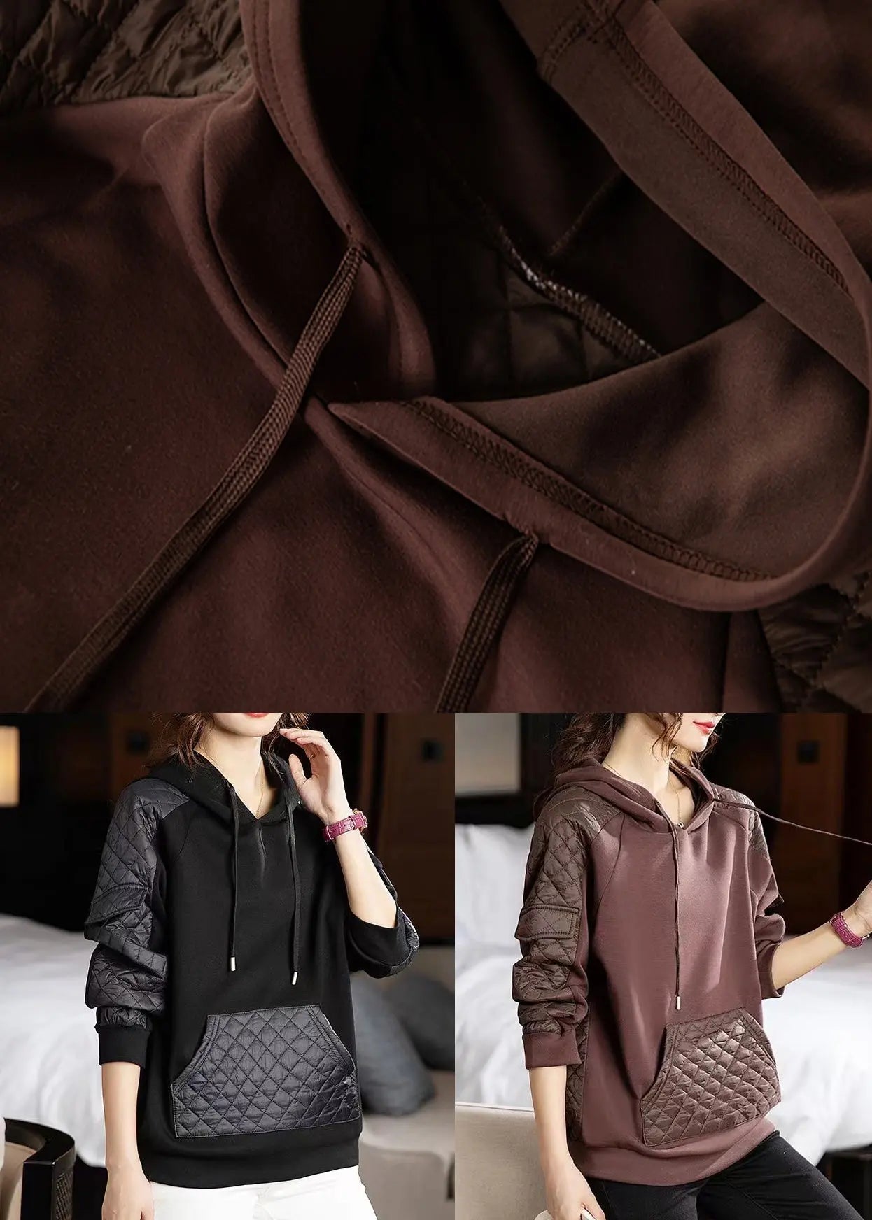 Coffee Lace Up Patchwork Thick Sweatshirt Hooded Long Sleeve Ada Fashion