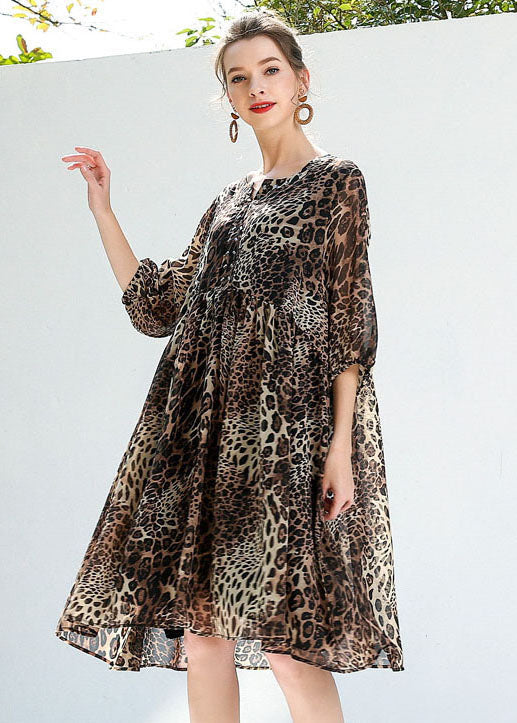 Coffee Leopard Print Chiffon Beach Dresses O-Neck Rivet Summer LY0260 - fabuloryshop