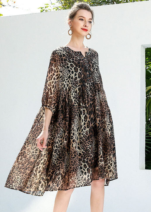 Coffee Leopard Print Chiffon Beach Dresses O-Neck Rivet Summer LY0260 - fabuloryshop