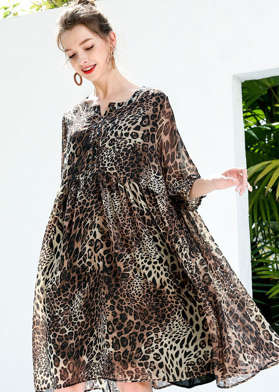 Coffee Leopard Print Chiffon Beach Dresses O-Neck Rivet Summer LY0260 - fabuloryshop