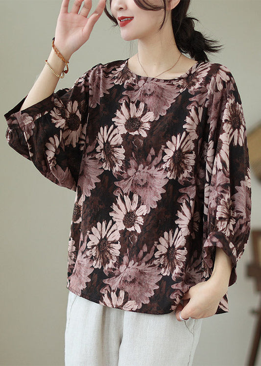 Coffee O-Neck Cotton Top Long Sleeve LY2963