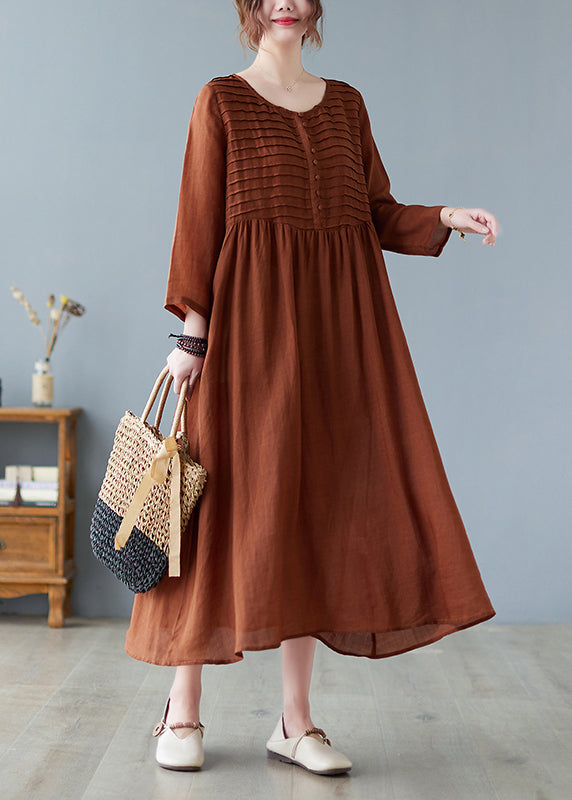 Coffee O-Neck Patchwork Button Long Dress Summer LC0043 - fabuloryshop