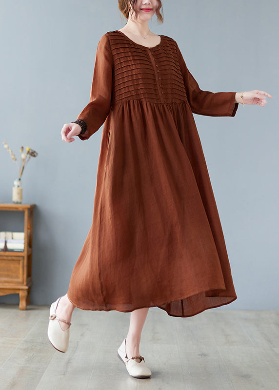 Coffee O-Neck Patchwork Button Long Dress Summer LC0043 - fabuloryshop