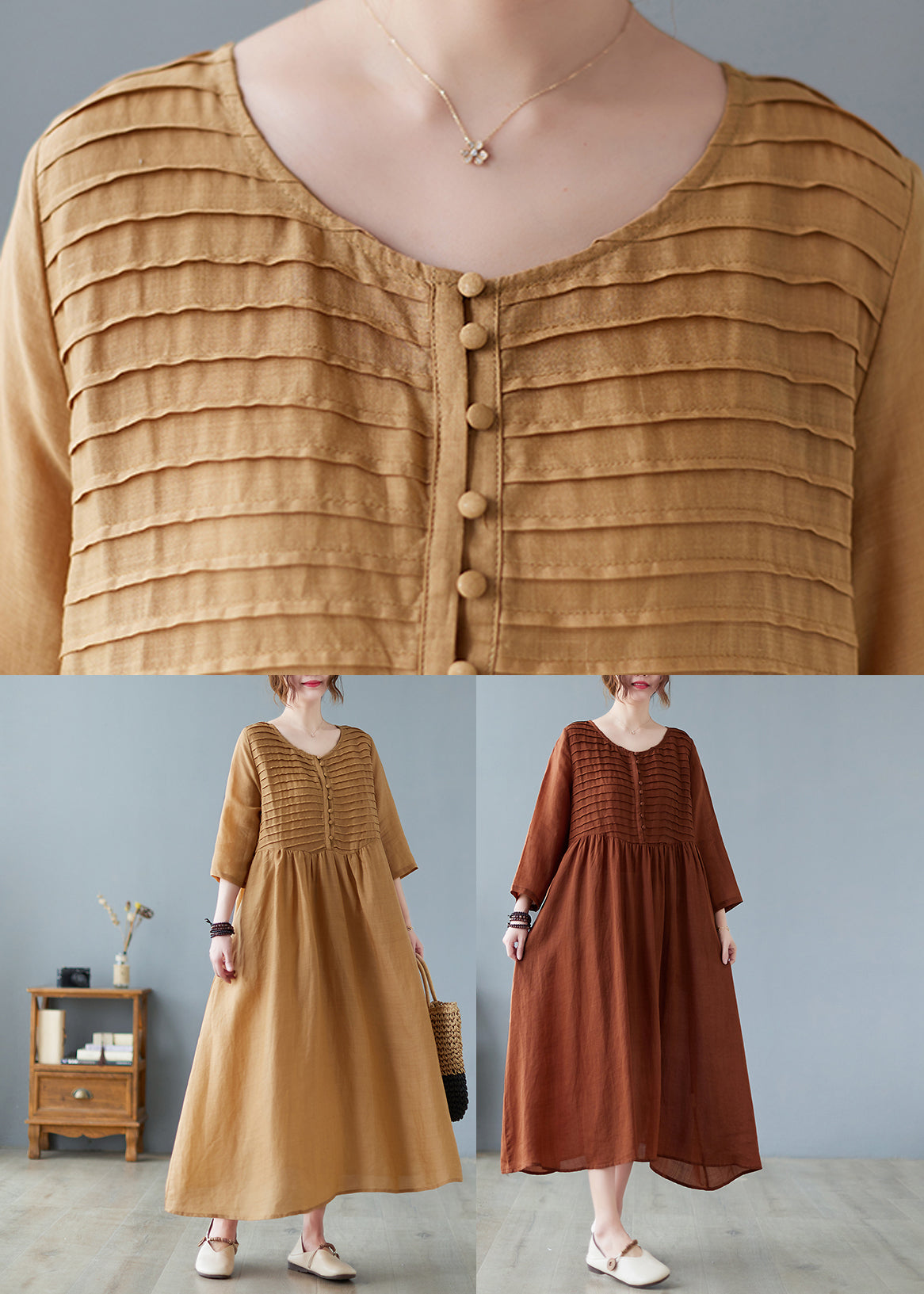 Coffee O-Neck Patchwork Button Long Dress Summer LC0043 - fabuloryshop