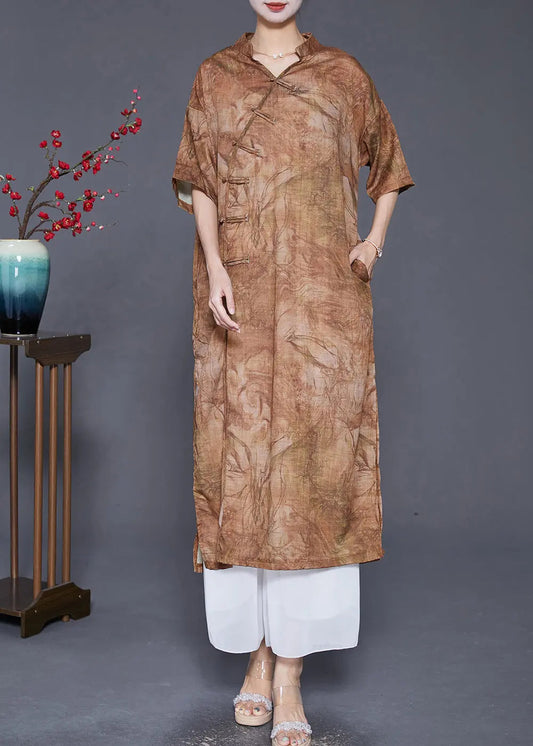 Coffee Oversized Linen Gown Dresses Chinese Button Side Open Summer Ada Fashion
