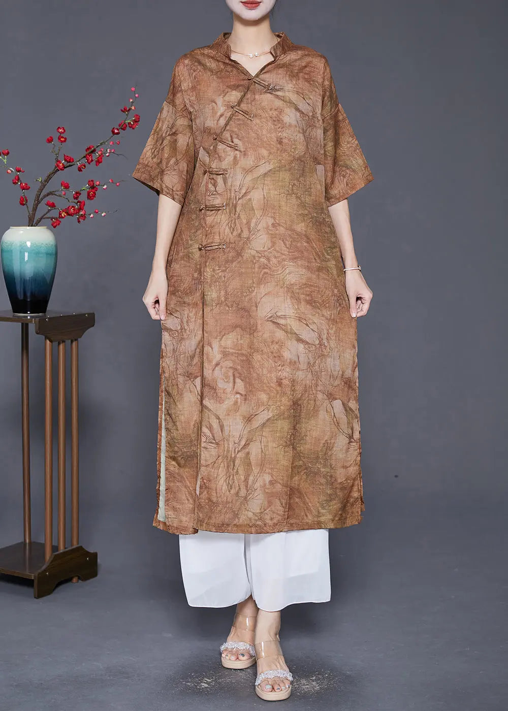 Coffee Oversized Linen Gown Dresses Chinese Button Side Open Summer Ada Fashion