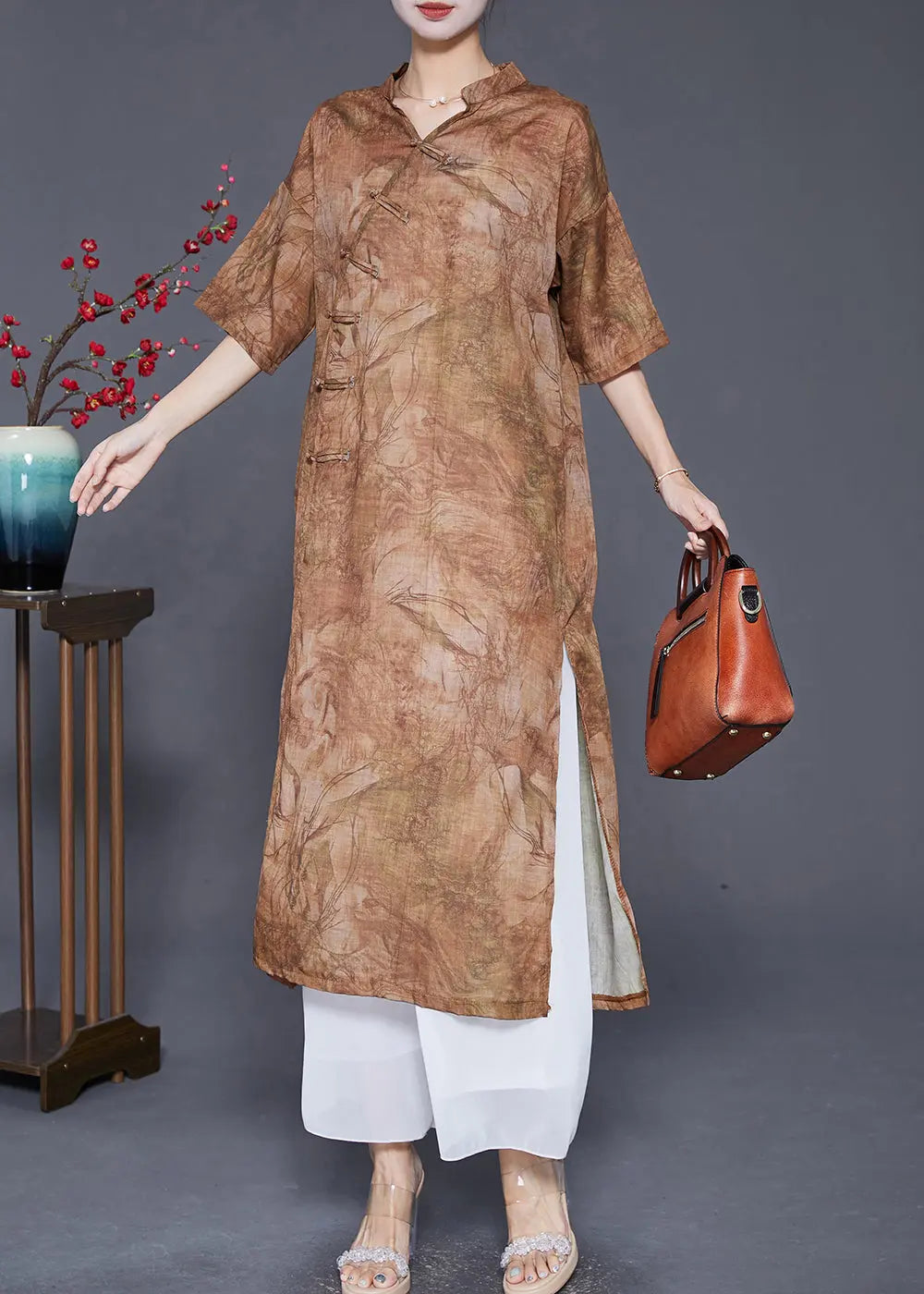 Coffee Oversized Linen Gown Dresses Chinese Button Side Open Summer Ada Fashion