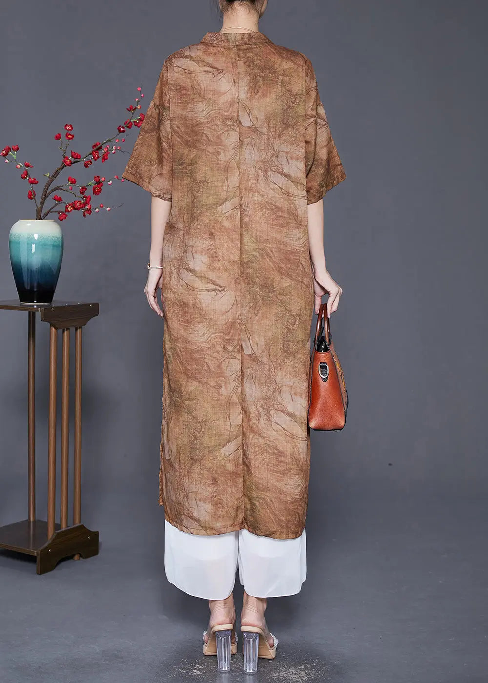 Coffee Oversized Linen Gown Dresses Chinese Button Side Open Summer Ada Fashion