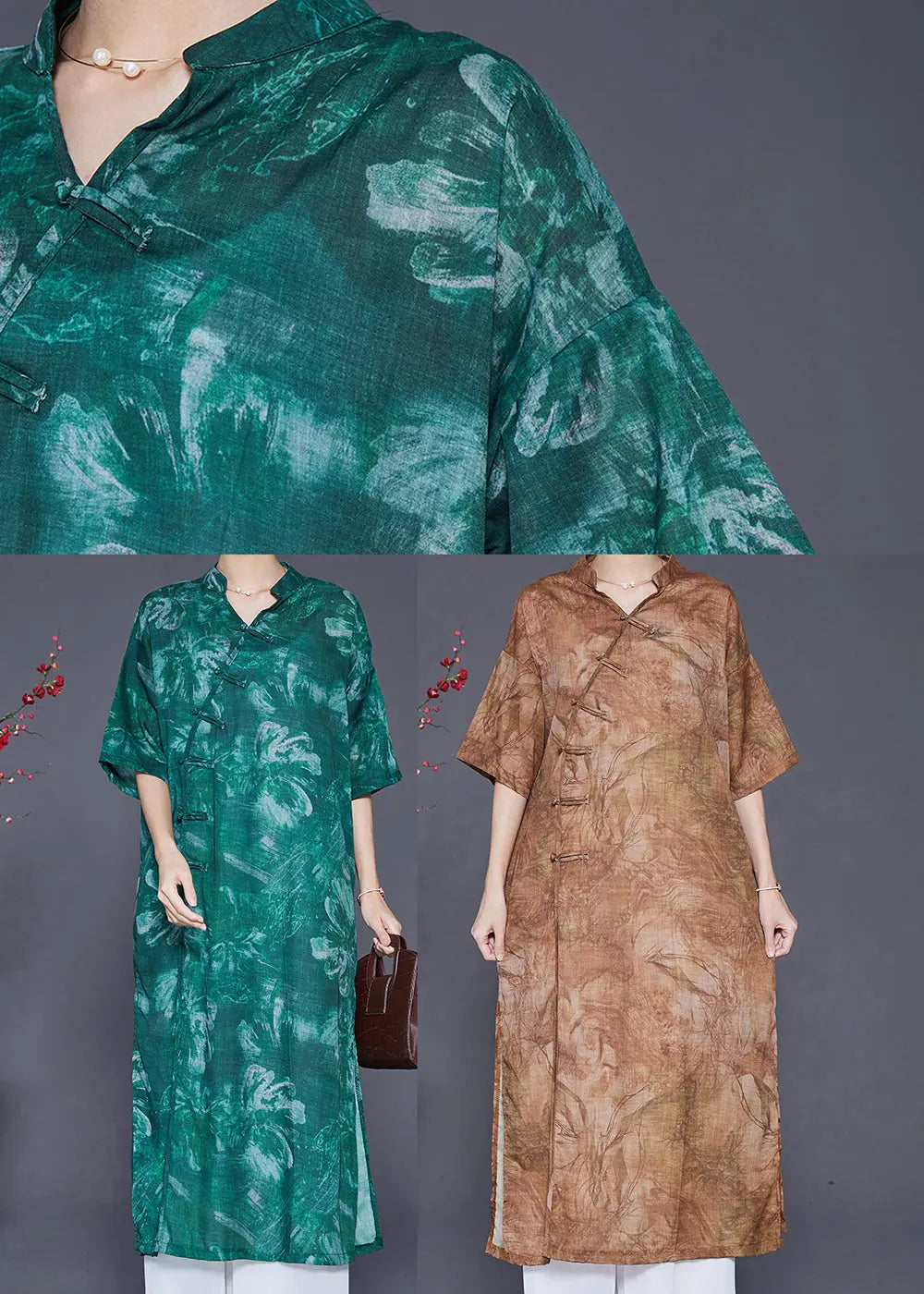 Coffee Oversized Linen Gown Dresses Chinese Button Side Open Summer Ada Fashion