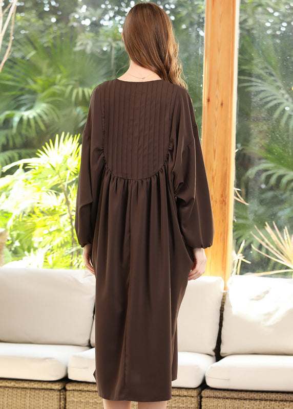 Coffee Patchwork Chiffon Robe Dresses O-Neck Wrinkled Batwing Sleeve LY0296 - fabuloryshop