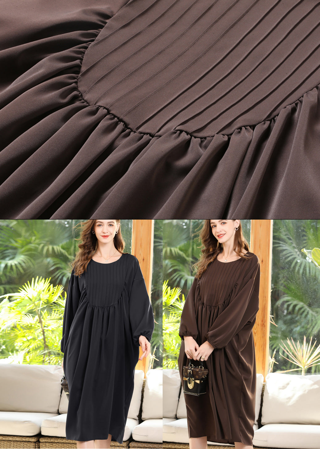 Coffee Patchwork Chiffon Robe Dresses O-Neck Wrinkled Batwing Sleeve LY0296 - fabuloryshop