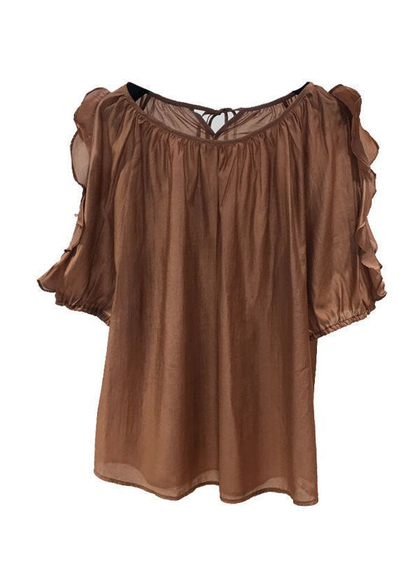 Coffee Patchwork Chiffon Shirt Tops Ruffled O-Neck Summer LY0589 - fabuloryshop