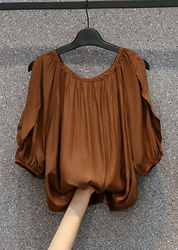 Coffee Patchwork Chiffon Top Ruffled O Neck Summer LY0381 - fabuloryshop