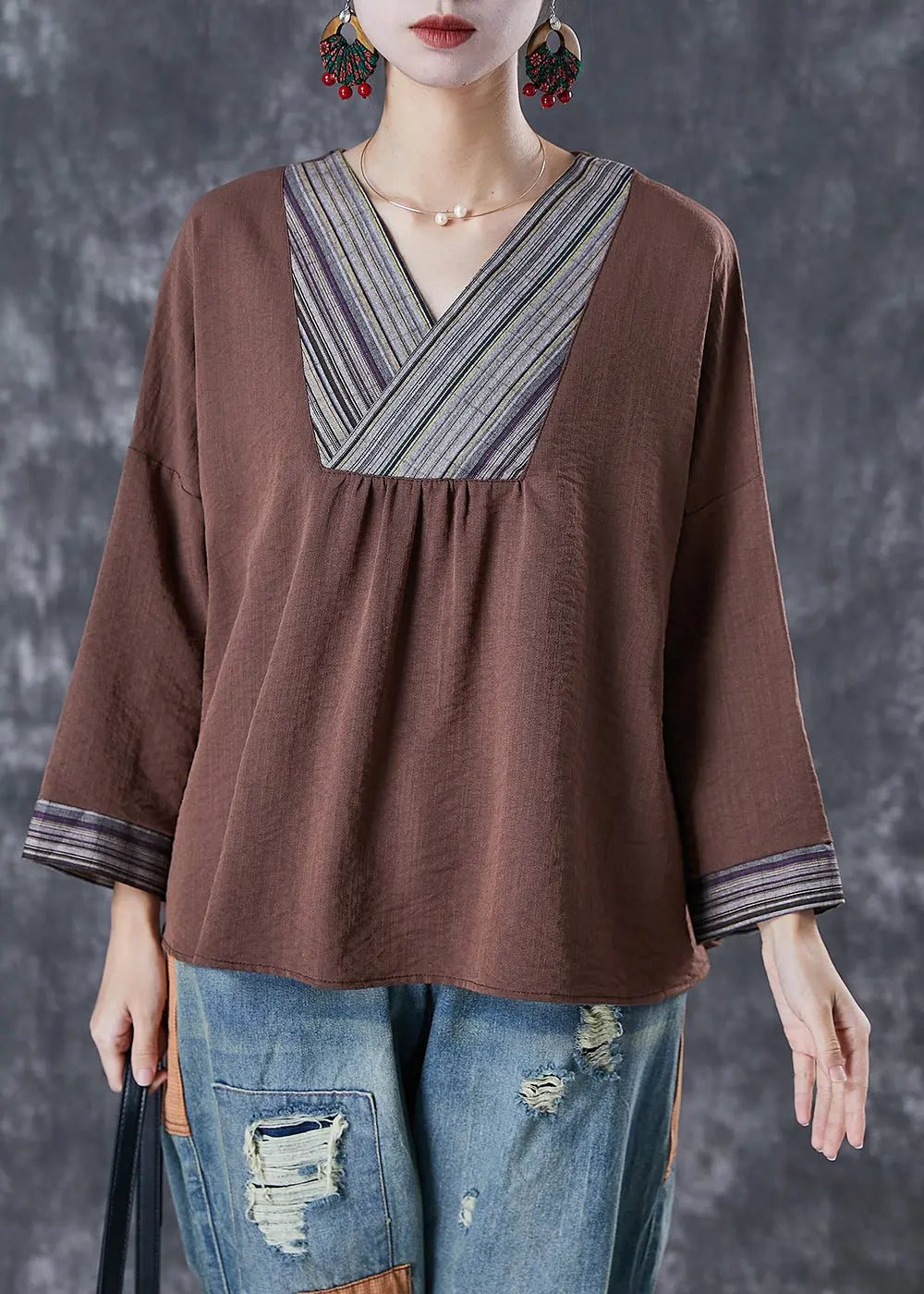 Coffee Patchwork Cotton Blouse Top V Neck Fall Ada Fashion