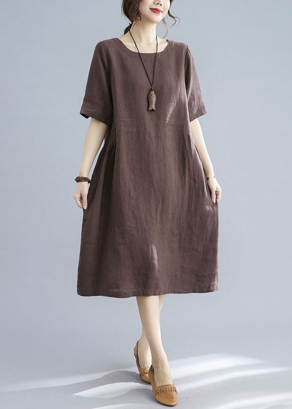 Coffee Patchwork Cotton Dress O Neck Wrinkled Short Sleeve LY5641 - fabuloryshop