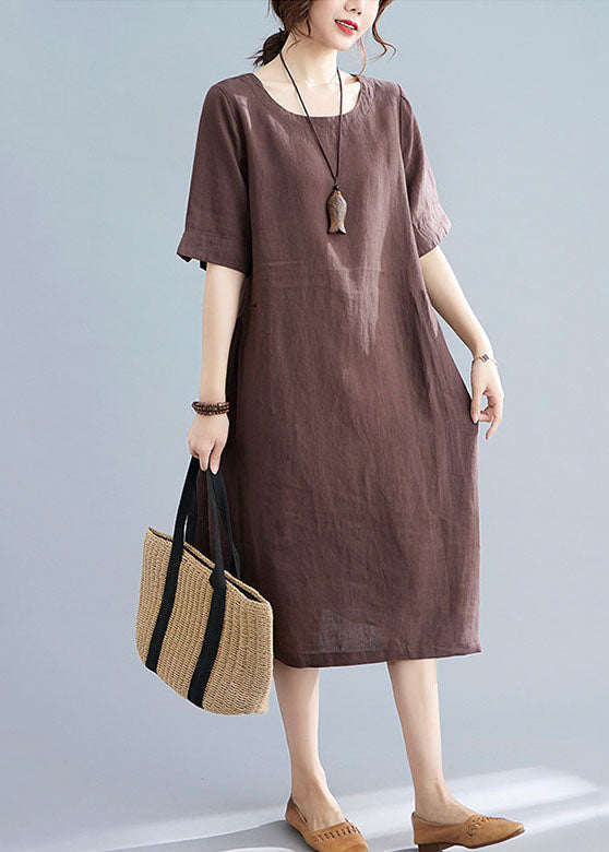 Coffee Patchwork Cotton Dress O Neck Wrinkled Short Sleeve LY5641 - fabuloryshop