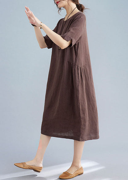 Coffee Patchwork Cotton Dress O Neck Wrinkled Short Sleeve LY5641 - fabuloryshop