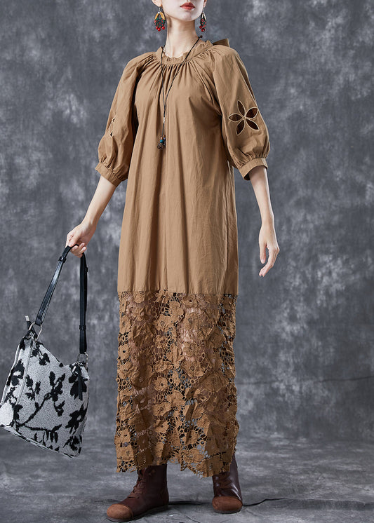 Coffee Patchwork Cotton Long Dress Hollow Out Back Bow Puff Sleeve LY5045 - fabuloryshop