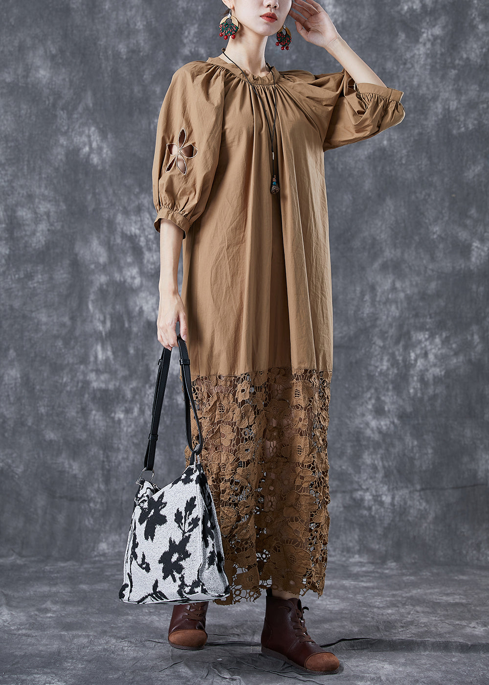 Coffee Patchwork Cotton Long Dress Hollow Out Back Bow Puff Sleeve LY5045 - fabuloryshop