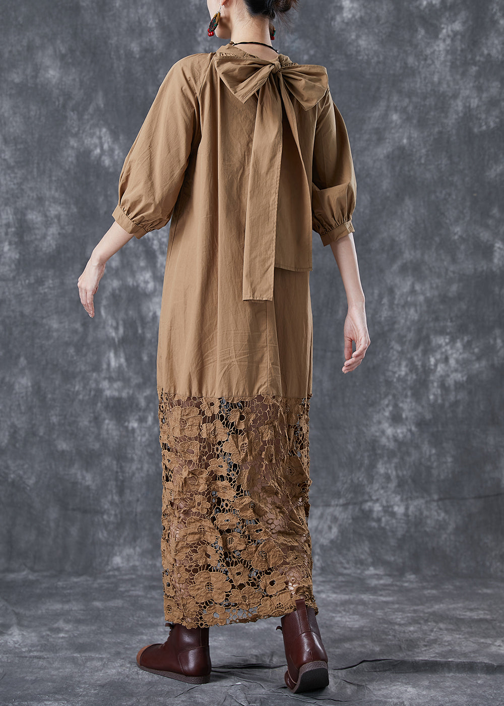 Coffee Patchwork Cotton Long Dress Hollow Out Back Bow Puff Sleeve LY5045 - fabuloryshop