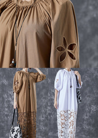 Coffee Patchwork Cotton Long Dress Hollow Out Back Bow Puff Sleeve LY5045 - fabuloryshop