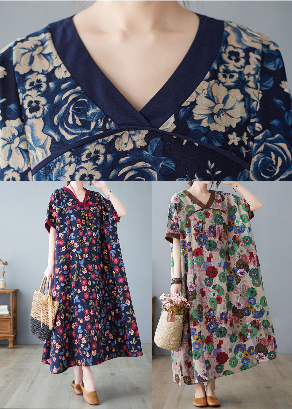 Coffee Patchwork Cotton Robe Dresses Oversized Print Summer LY0912 - fabuloryshop