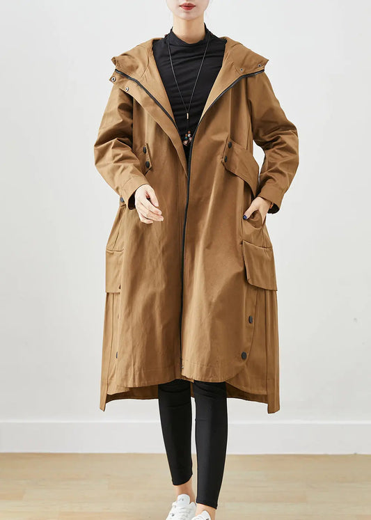 Coffee Patchwork Cotton Trench Oversized Pockets Fall Ada Fashion