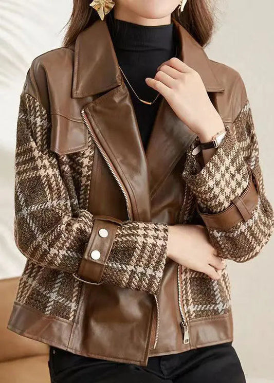 Coffee Patchwork Faux Leather Jackets Peter Pan Collar Zippered Fall Ada Fashion