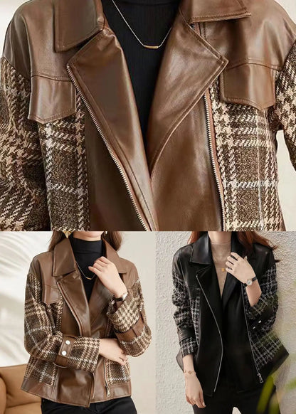 Coffee Patchwork Faux Leather Jackets Peter Pan Collar Zippered Fall Ada Fashion