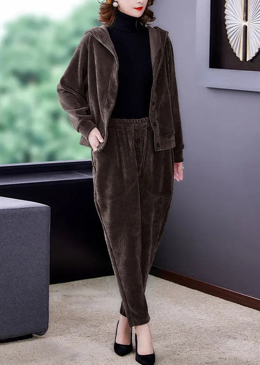 Coffee Patchwork Hooded Corduroy Coats And Harem Pants Two Pieces Set Fall Ada Fashion