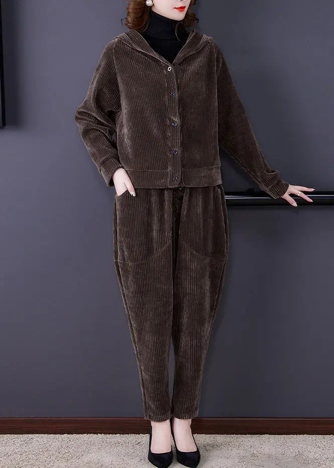 Coffee Patchwork Hooded Corduroy Coats And Harem Pants Two Pieces Set Fall Ada Fashion