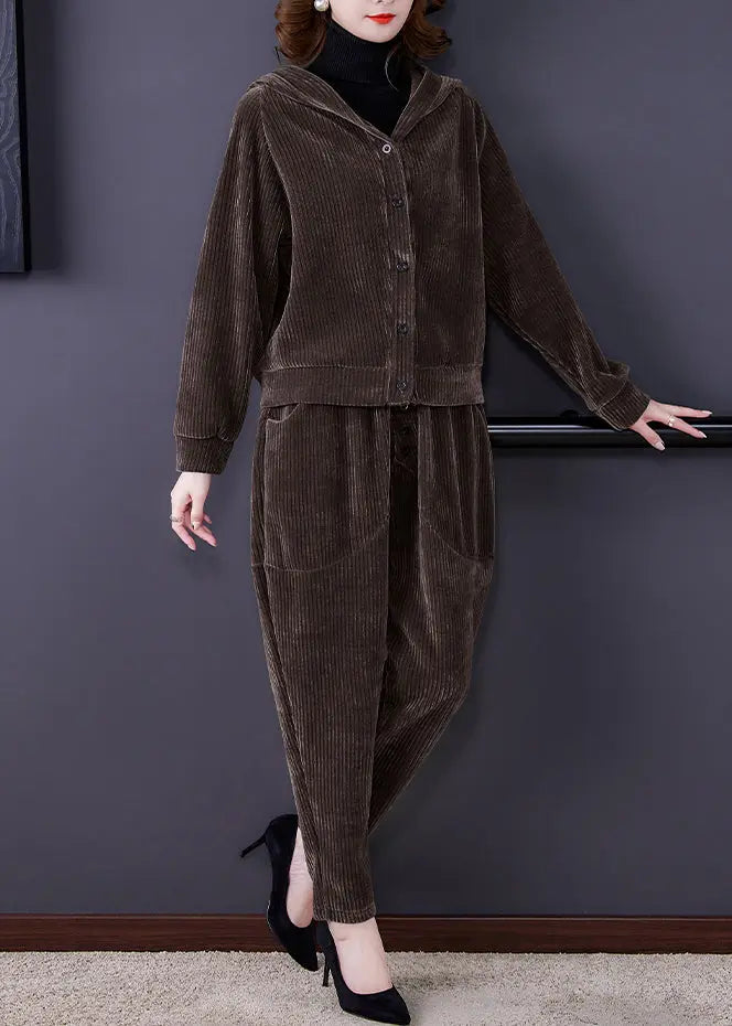 Coffee Patchwork Hooded Corduroy Coats And Harem Pants Two Pieces Set Fall Ada Fashion