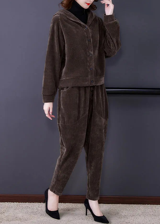 Coffee Patchwork Hooded Corduroy Coats And Harem Pants Two Pieces Set Fall Ada Fashion