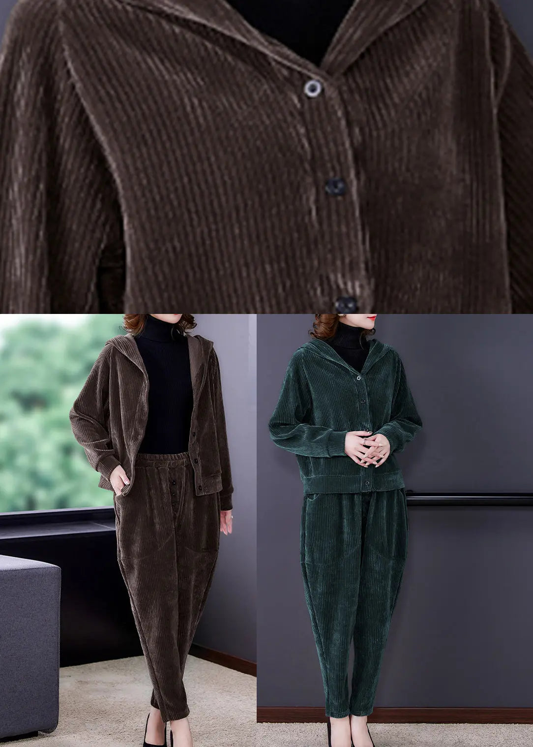 Coffee Patchwork Hooded Corduroy Coats And Harem Pants Two Pieces Set Fall Ada Fashion
