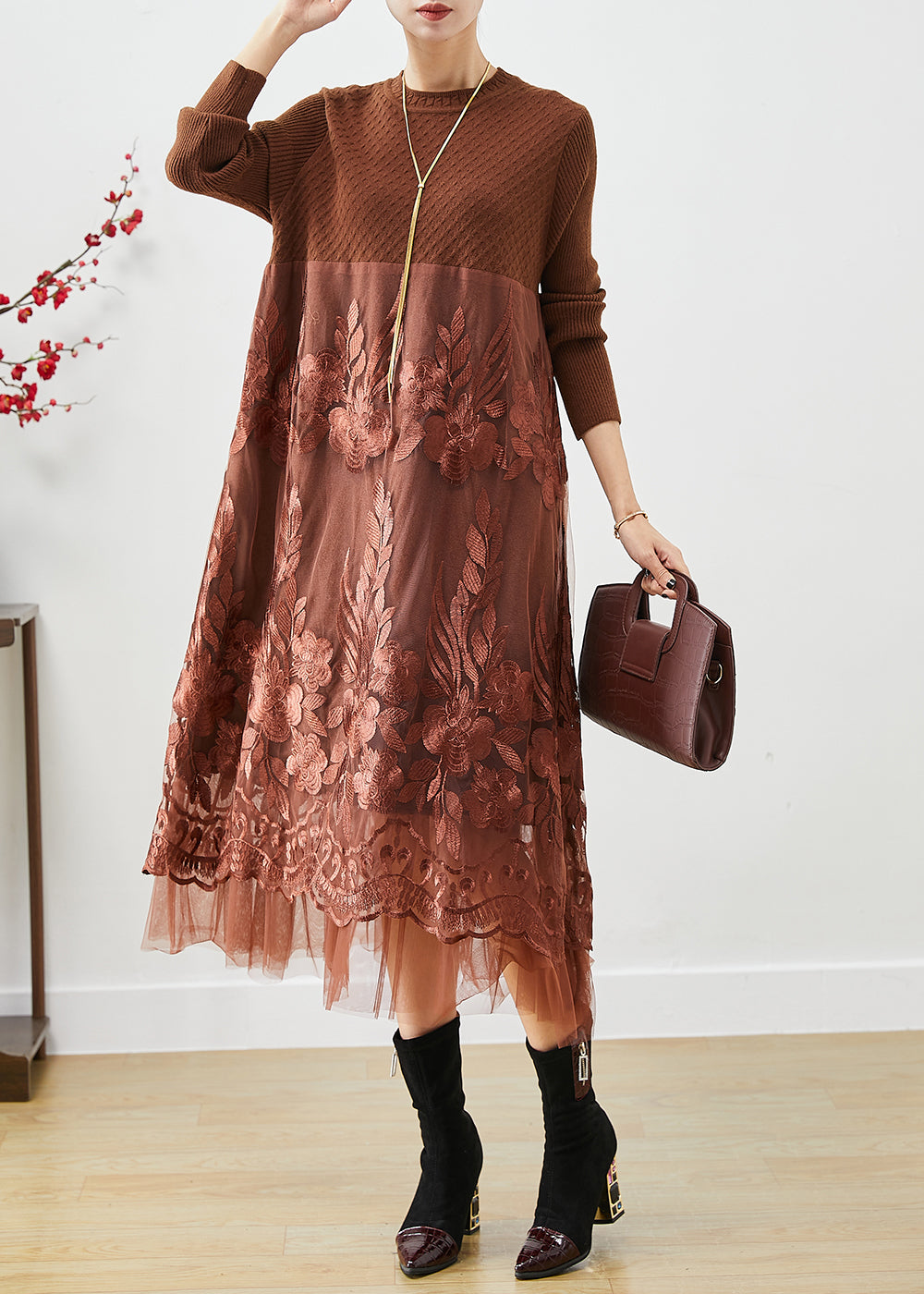 Coffee Patchwork Knit Holiday Dresses Embroideried Fall Ada Fashion