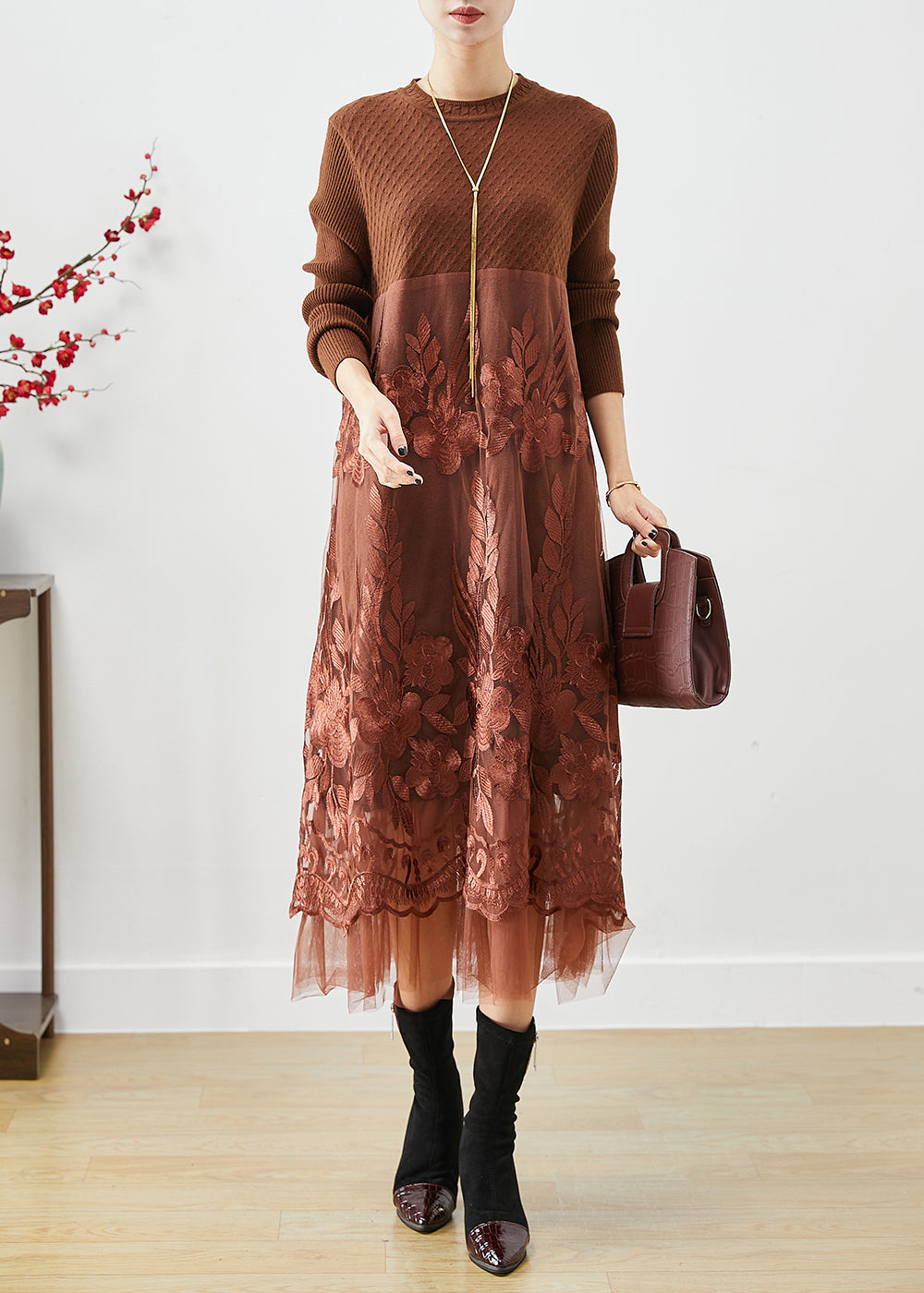 Coffee Patchwork Knit Holiday Dresses Embroideried Fall Ada Fashion