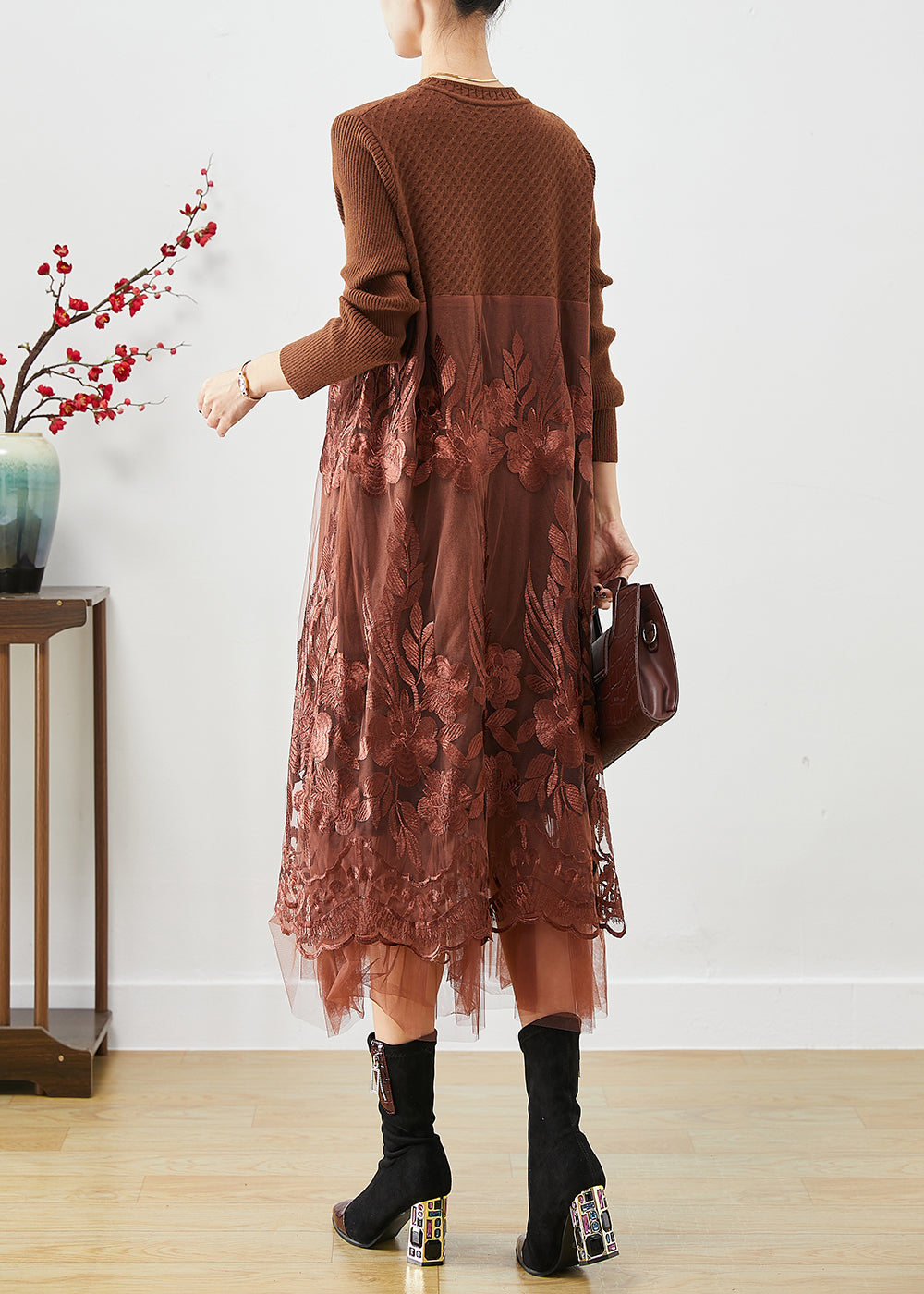 Coffee Patchwork Knit Holiday Dresses Embroideried Fall Ada Fashion