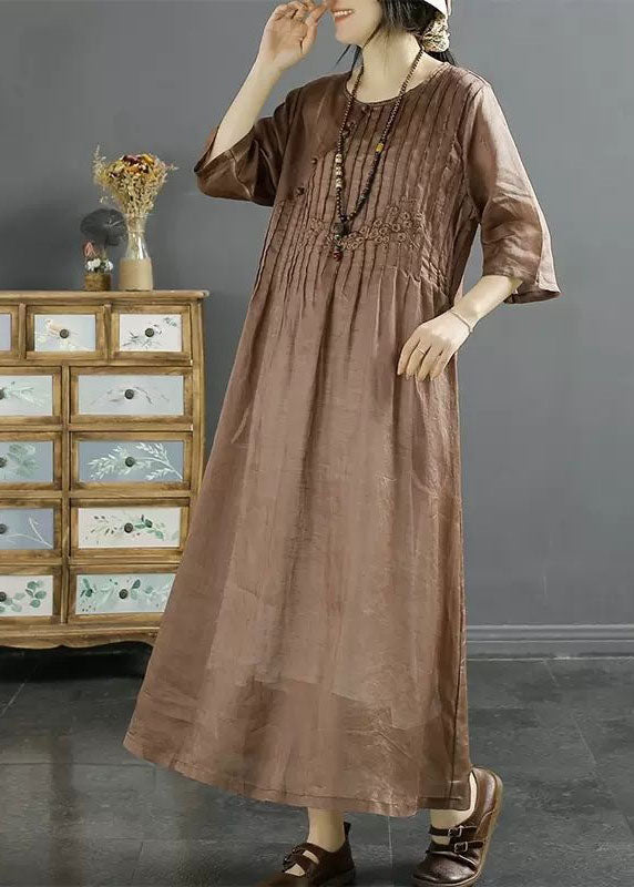 Coffee Patchwork Linen Dress O Neck Wrinkled Embroideried Summer LY4107 - fabuloryshop