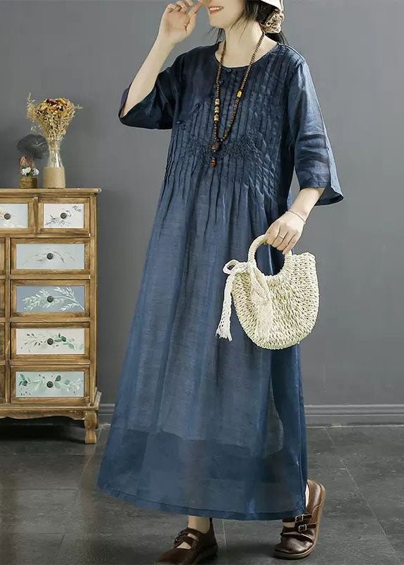 Coffee Patchwork Linen Dress O Neck Wrinkled Embroideried Summer LY4107 - fabuloryshop