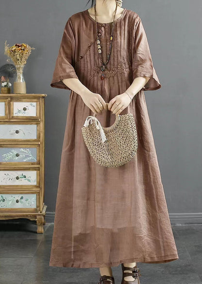 Coffee Patchwork Linen Dress O Neck Wrinkled Embroideried Summer LY4107 - fabuloryshop