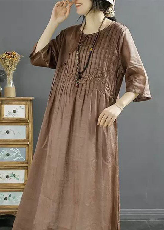 Coffee Patchwork Linen Dress O Neck Wrinkled Embroideried Summer LY4107 - fabuloryshop