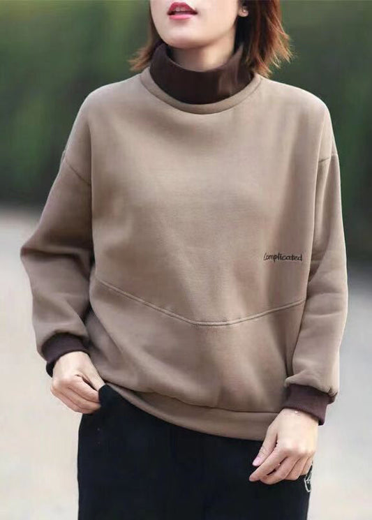 Coffee Patchwork Loose Sweatshirts Turtleneck Long Sleeve Ada Fashion